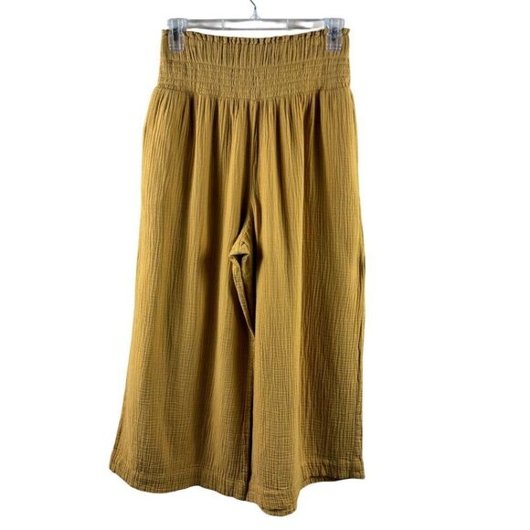 By Anthropologie Smocked Gauzy Wide-Leg High Rise Pull-On Pants Mustard Yellow - Picture 1 of 9